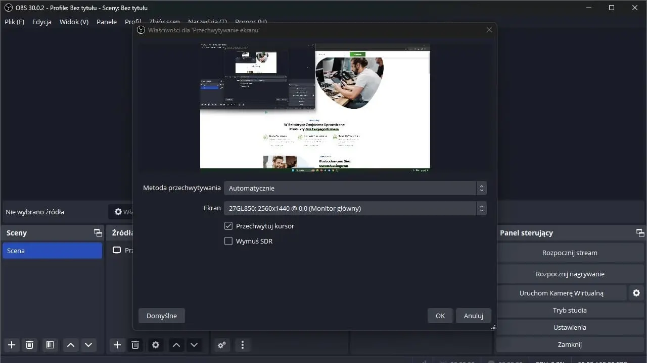 Wybór monitora w OBS
